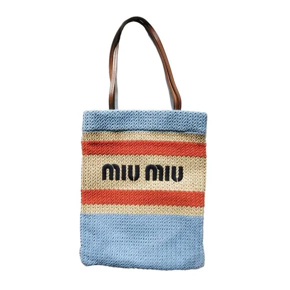 MIU MIU LIght Blue Beige Orange Raffia-Effect Embroidery Vertical Woven Tote Bag - Picture 5 of 9